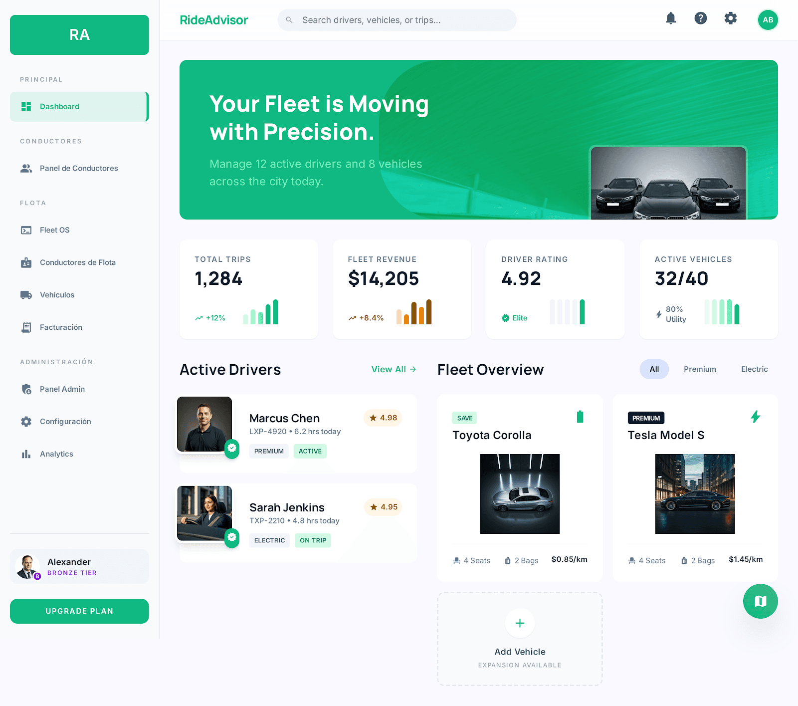 Dashboard de flota con vehiculos y conductores